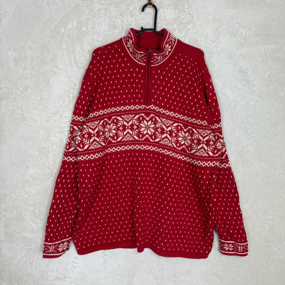 Lands End Red Fair Isle Snowflake Quarter Zip Cotton Sweater Mens XL Grandpacore